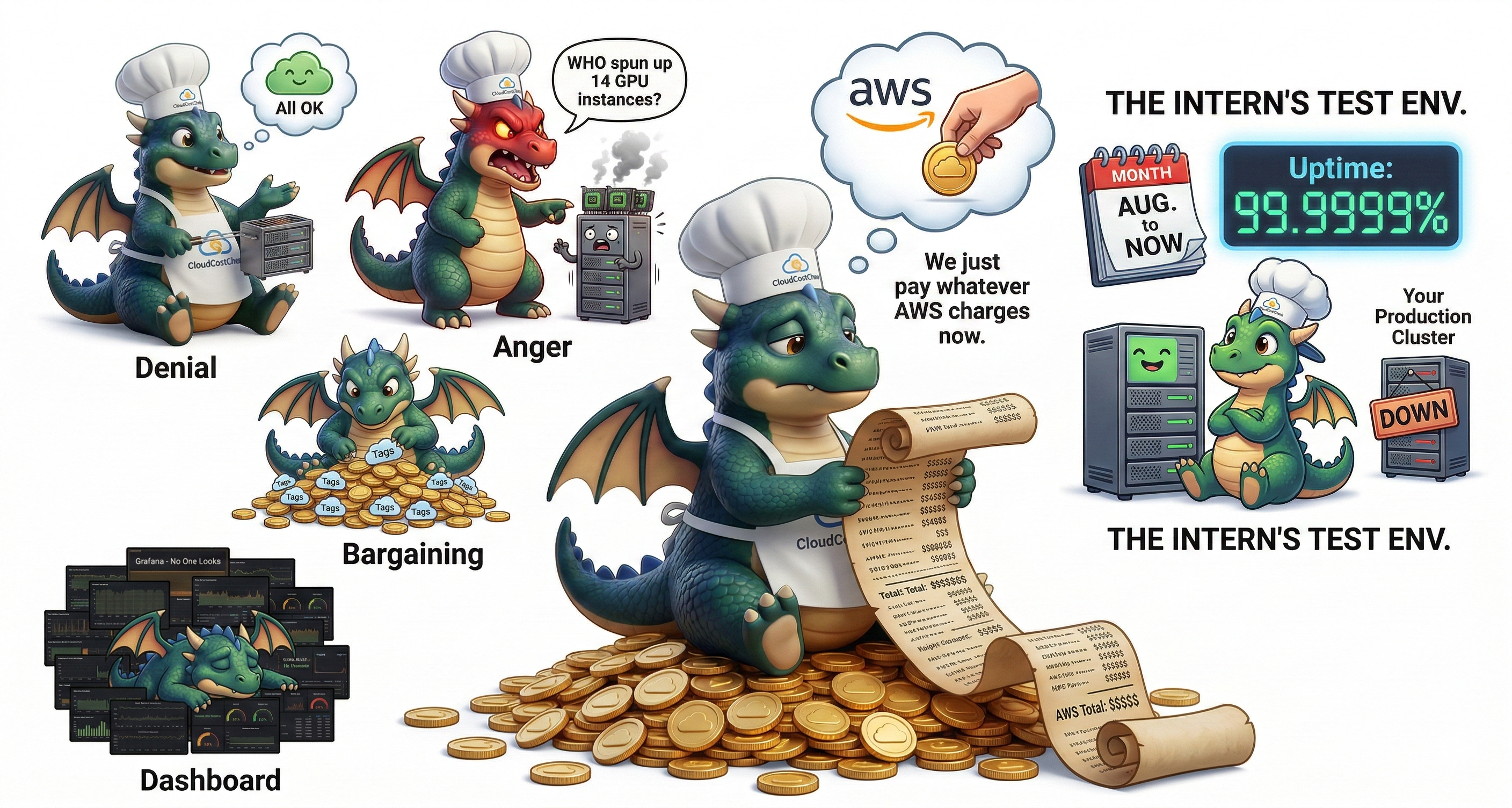 The 5 Stages of FinOps Grief visual with Denial, Anger, Bargaining, Dashboard, Acceptance and the intern test environment joke.